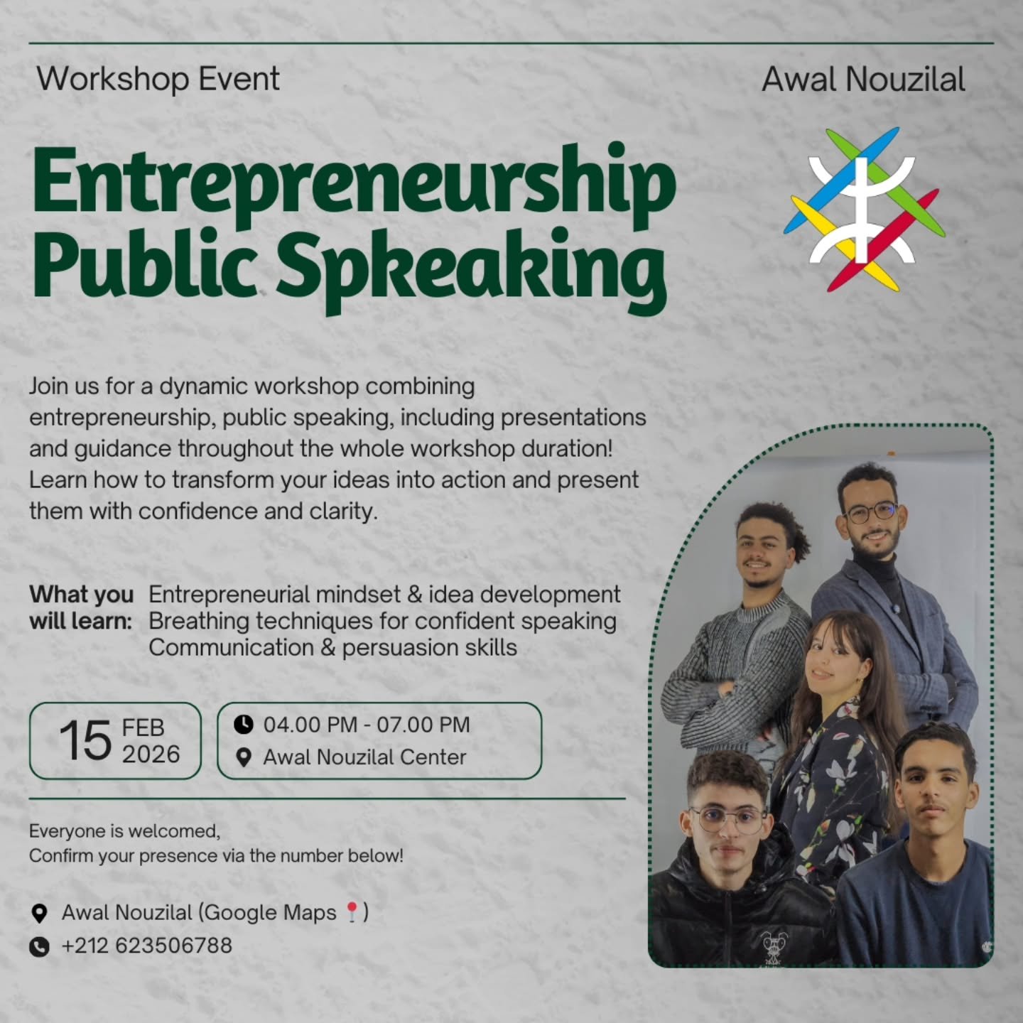 Learn how to build ideas, speak with confidence, and take action.
Join us for a powerful workshop on Entrepreneurship with Fadil, Public Speaking &amp; Breathing Techniques with Nezha, and how to deliver an outstanding presentation with Ali!
For any 
