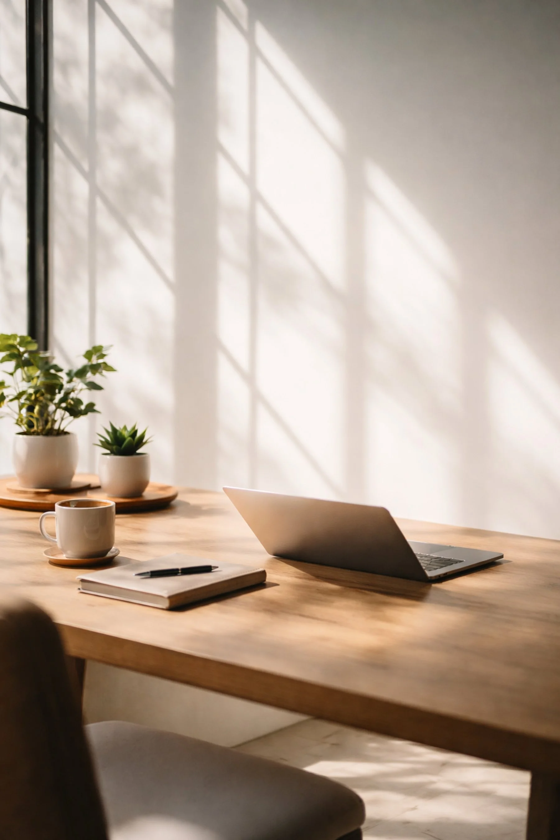 A wooden table with a laptop, a notebook, a pen, two cups of coffee, and potted plants near a window with sunlight casting shadows on the wall.