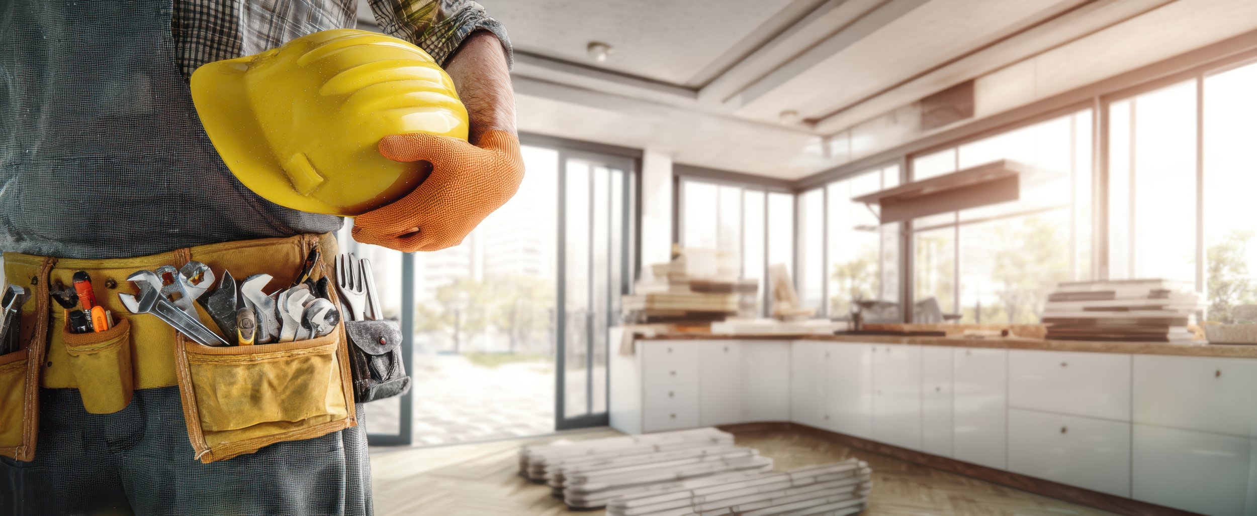 Construction worker holding a yellow safety helmet in a woodworking shop with large windows, stacks of wooden boards, and construction tools in the background.