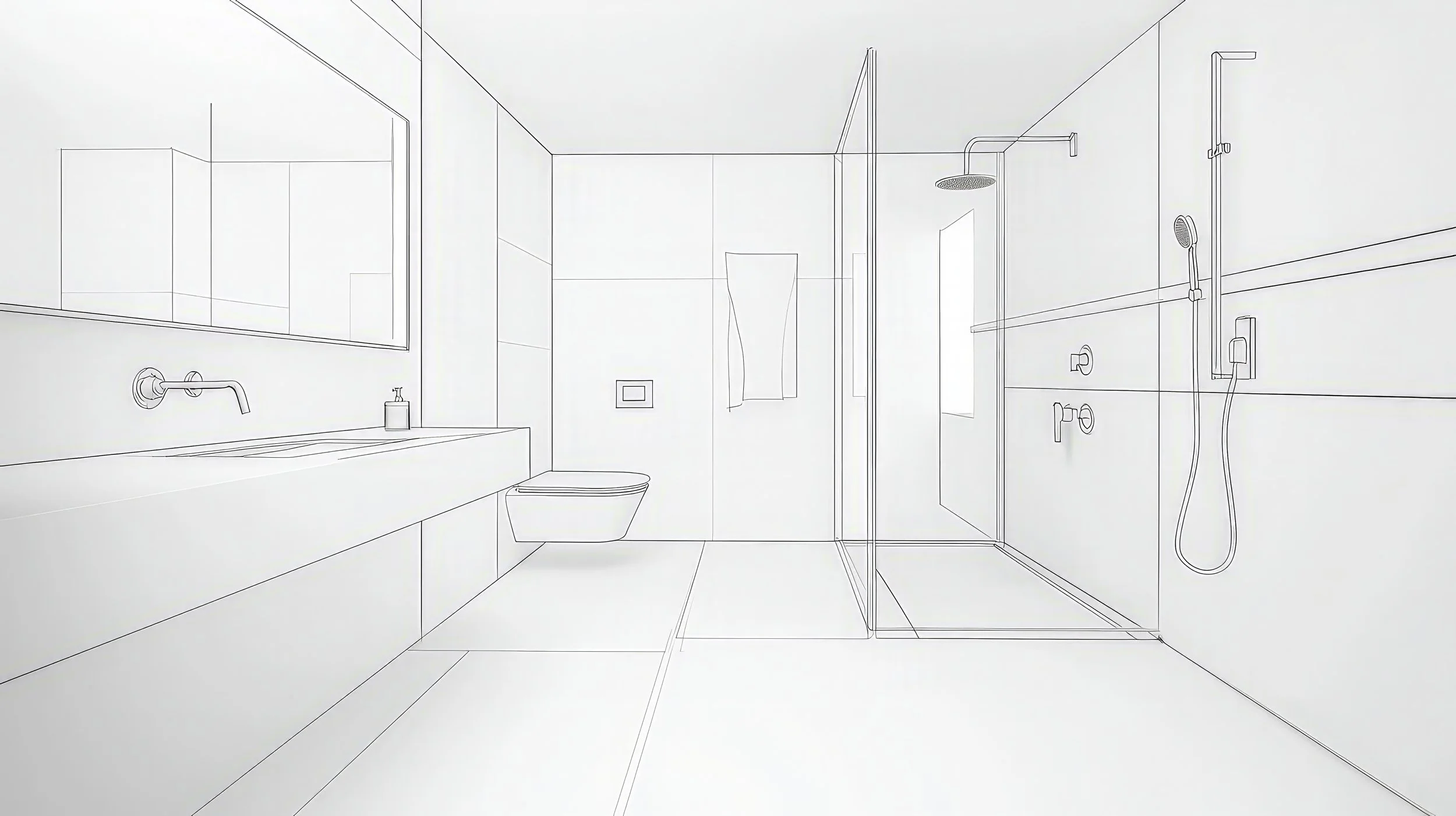 A minimalist line drawing of a modern bathroom featuring a large mirror above a sink, a floating toilet, a towel hanging on a wall, and a shower with a rain showerhead and handheld showerhead, all in a spacious layout.