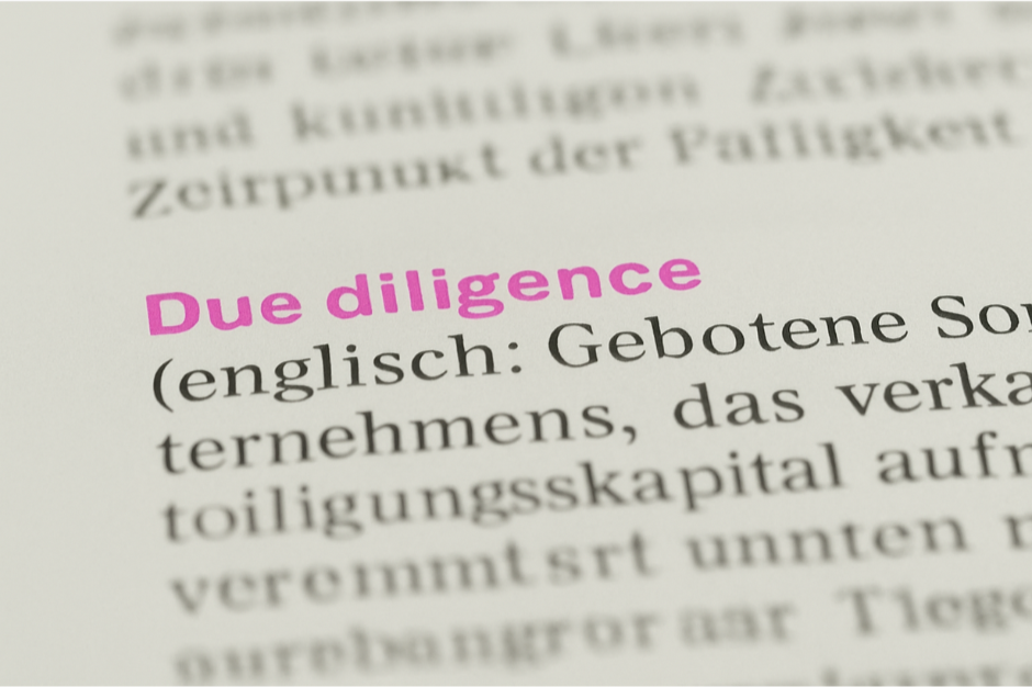 Close-up of a dictionary page with the phrase "Due diligence" in pink text, and its German translation in black text.