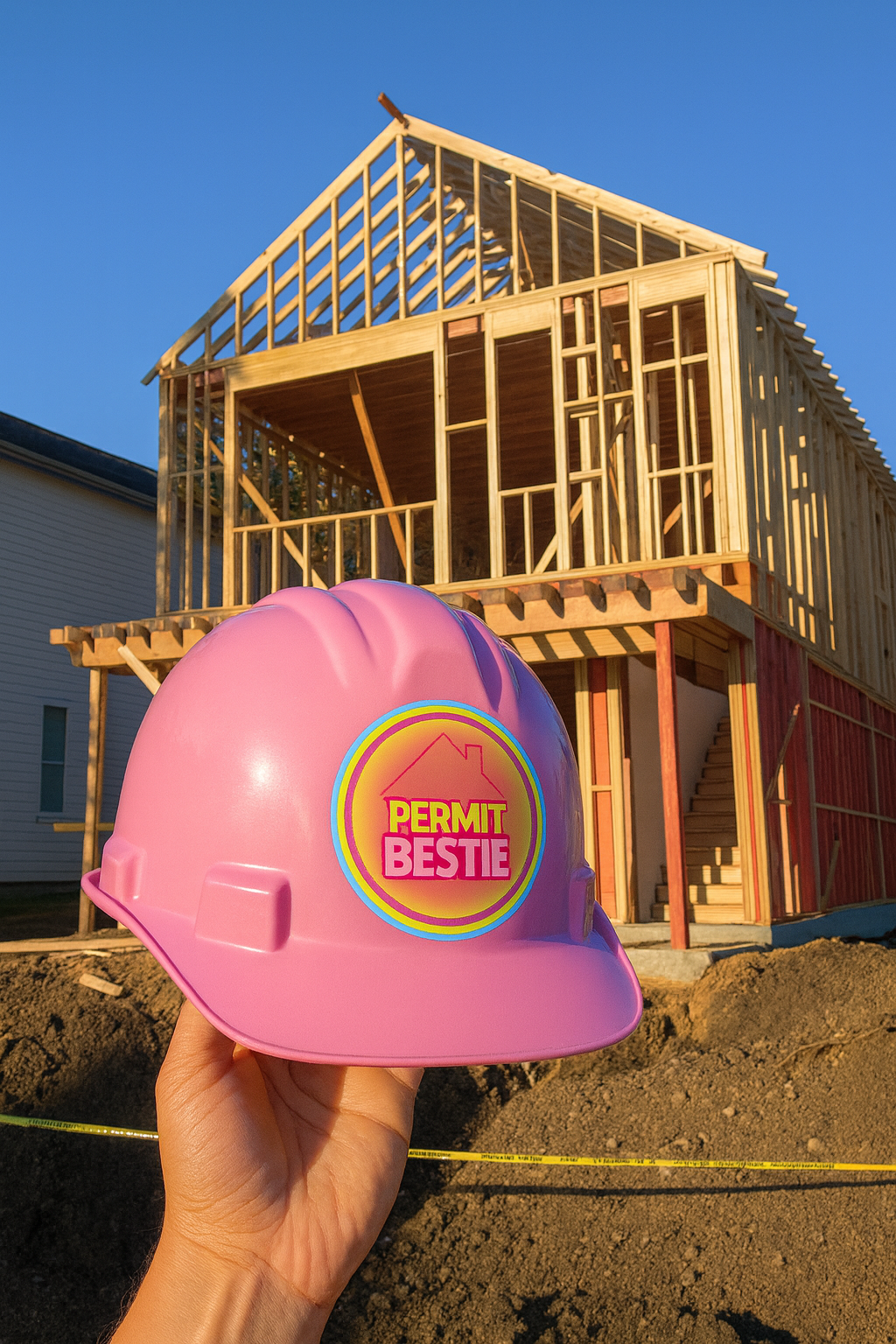 Pink construction helmet with a "Permit Bestie" sticker held in front of a house under construction with exposed wooden framing, during sunset.