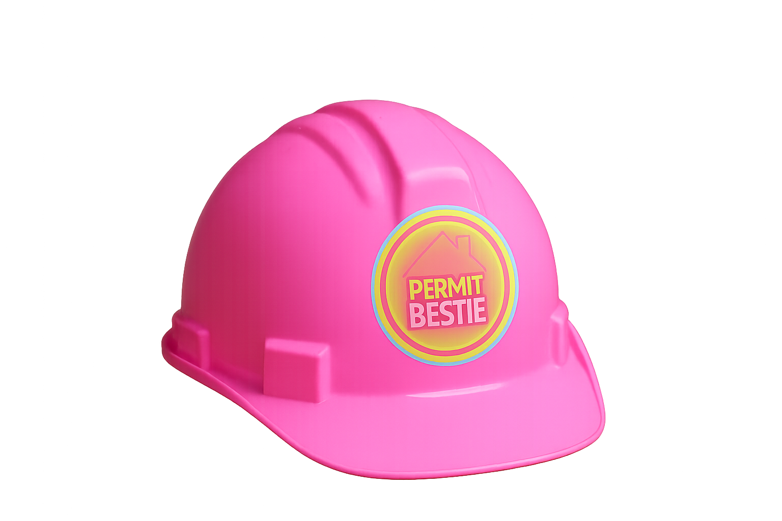 Pink plastic pet safety helmet with a colorful circular logo that reads "Permit Bestie" and features a house outline.
