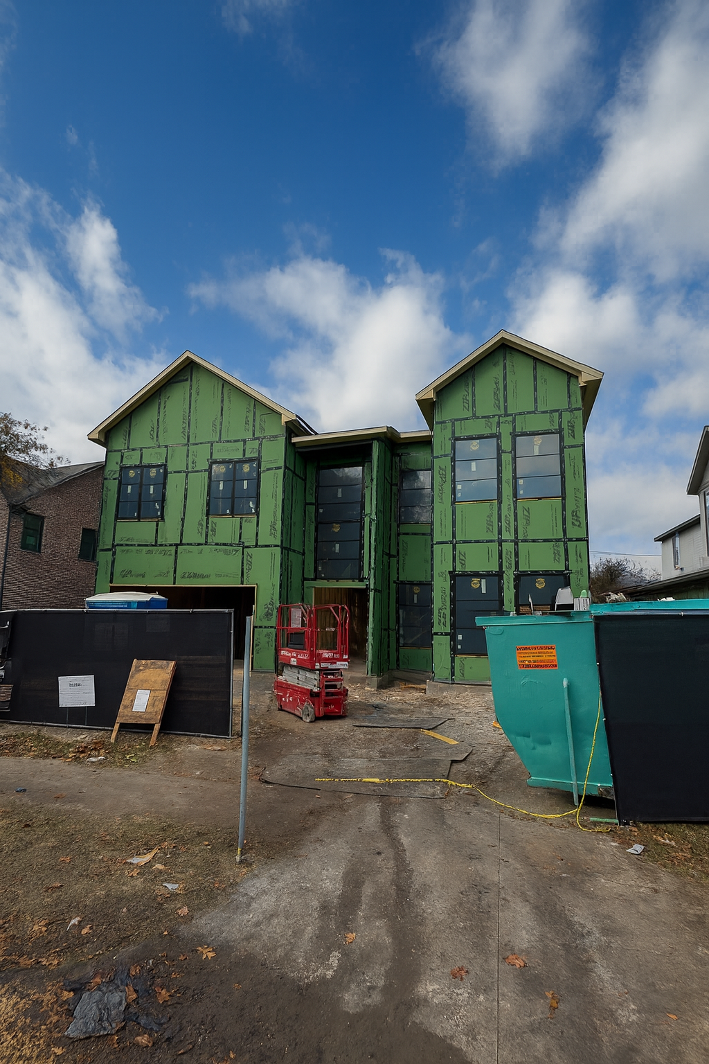 Front of a house under construction with green weather-resistant sheathing, two vertical gabled roofs, windows installed, and construction equipment and materials around the site.