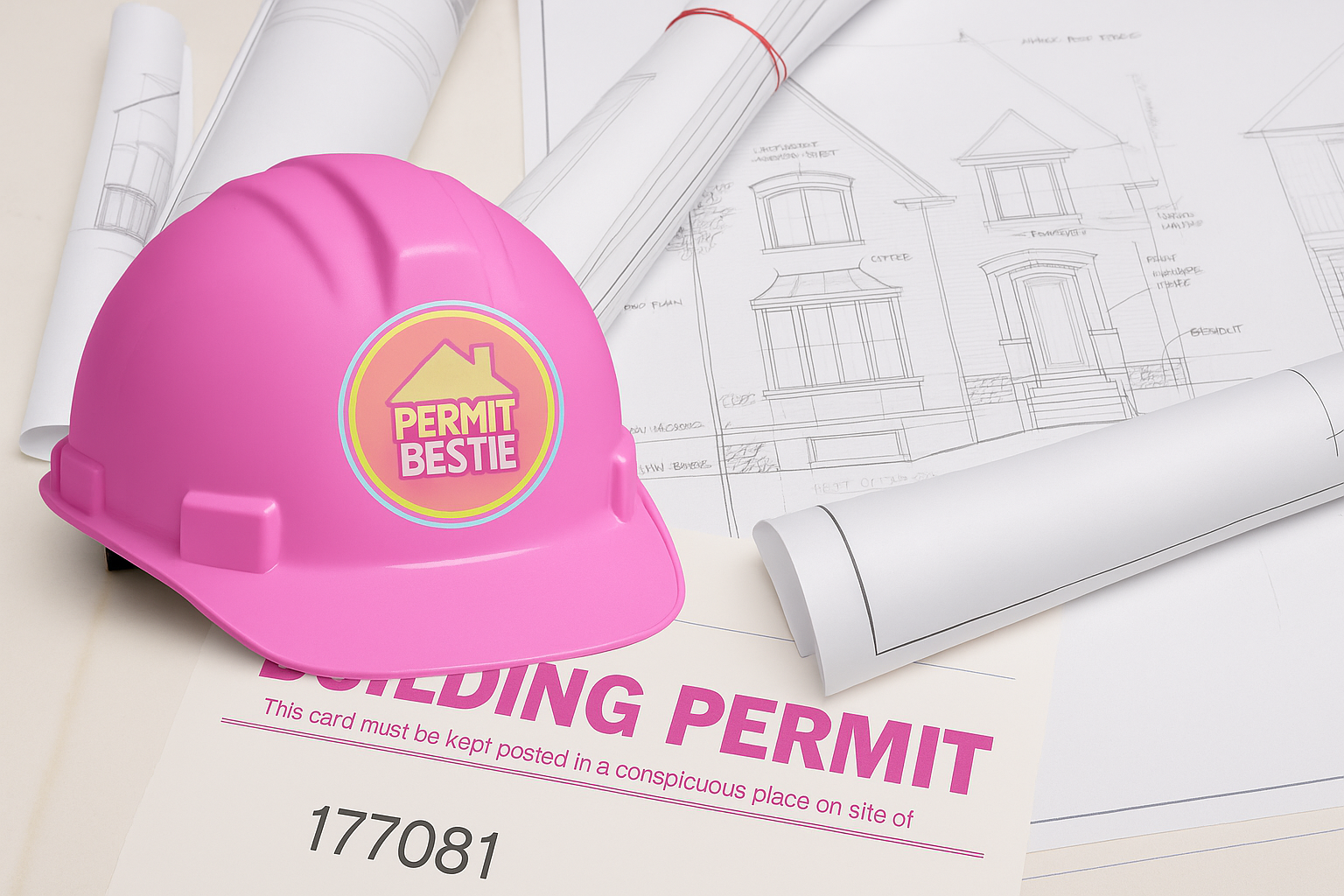 Pink construction helmet with a emblem reading "Permit Bestie" on top of building blueprints and a building permit document.