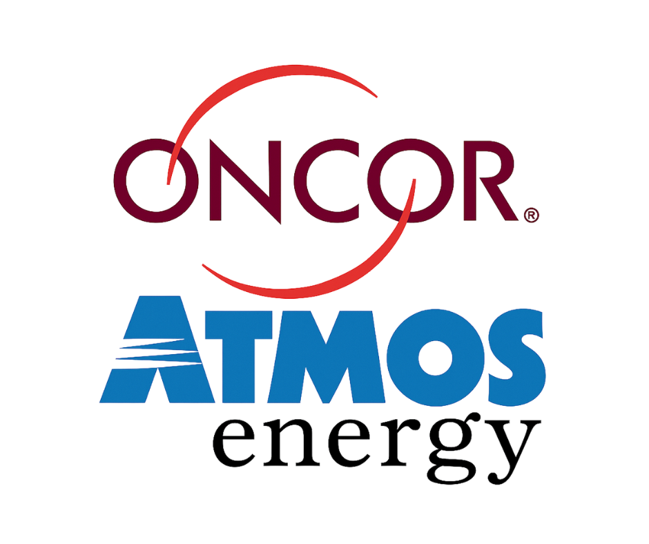 Logo of ONCOR with a red arrow encircling the letters, the word 'ATMOS' in blue, and the word 'energy' below in black.