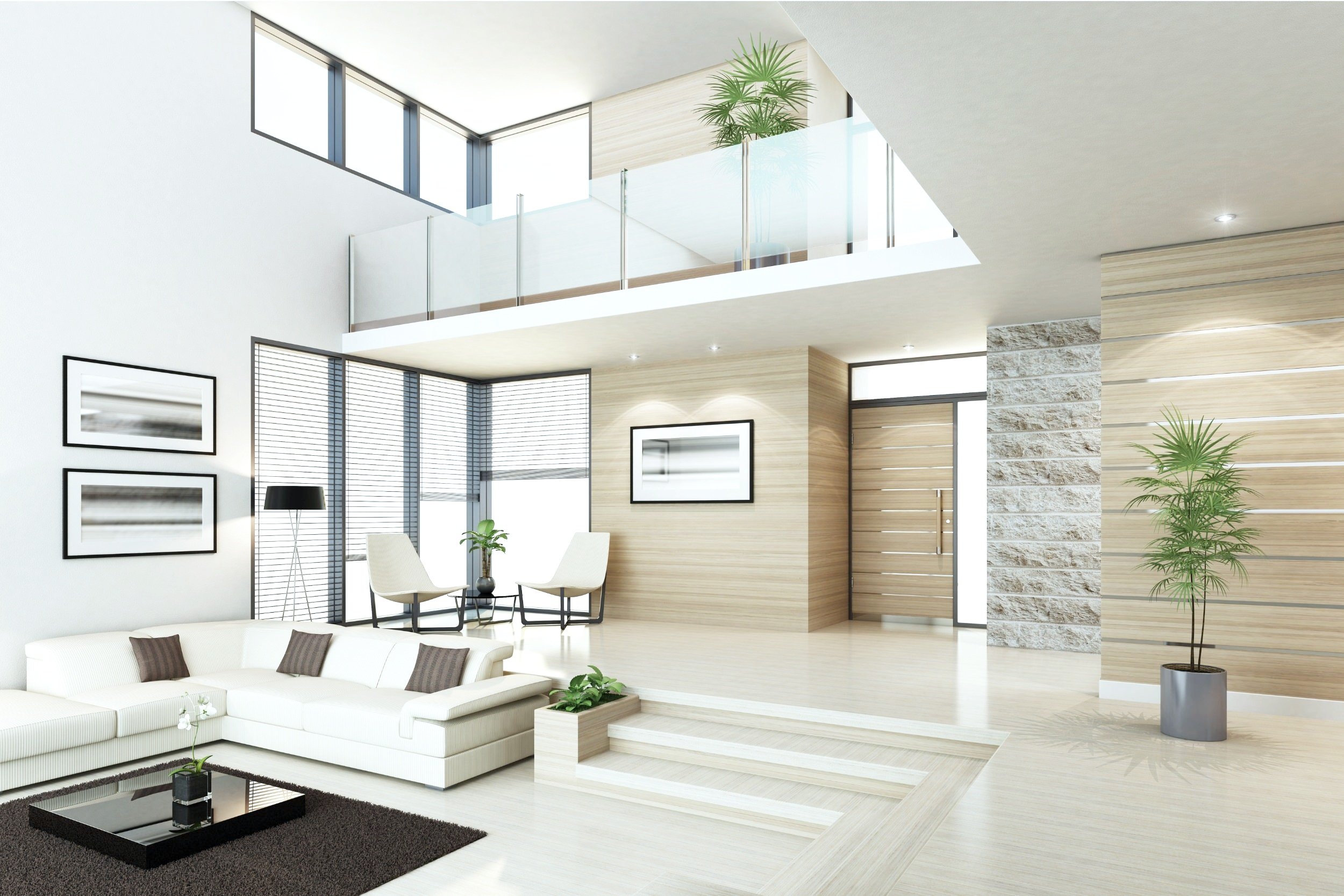 Modern living room with white sofa, black coffee table, and indoor plants, featuring large windows with blinds and wooden accents.
