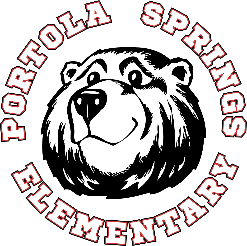 Logo of Portola Springs Elementary School featuring a smiling bear's face with the school name in a circular red font around it.