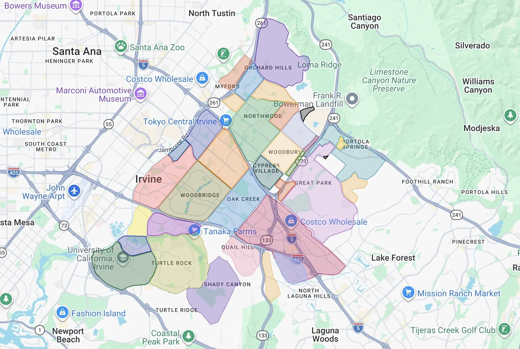 Map of Irvine, California showing various neighborhoods, parks, landmarks, and surrounding areas with different color-coded zones.