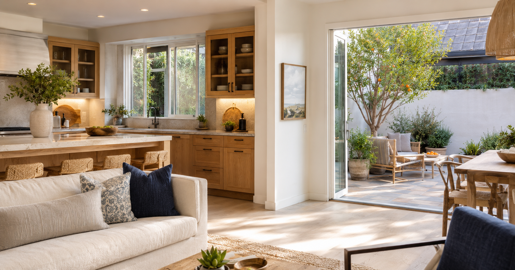 indoor outdoor living space living room and kitchen with warm cabinets and foliage outside.