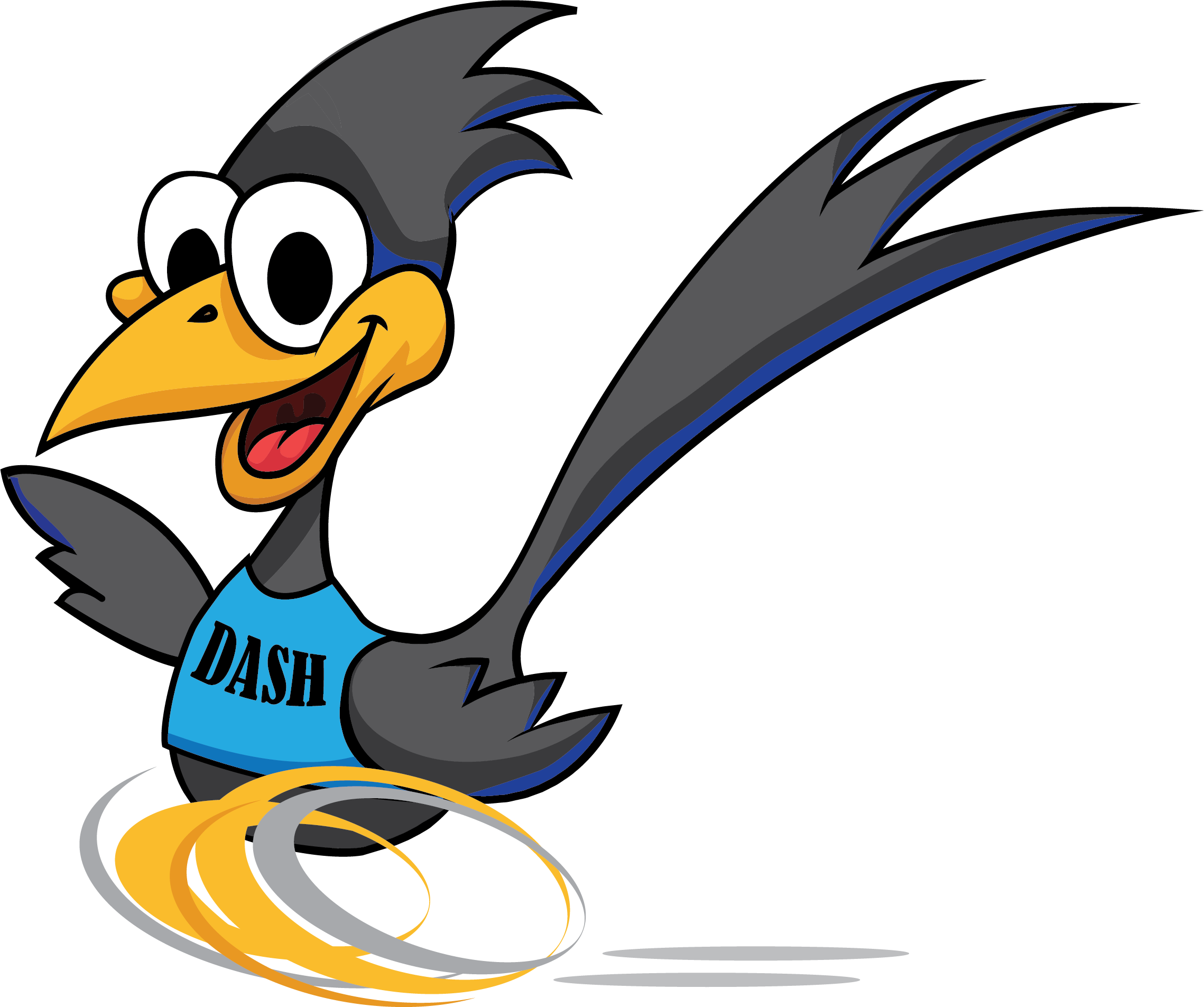 A cartoon illustration of a mischievous black bird with blue accents, large eyes, a yellow beak, wearing a blue shirt with the word 'DASH' written on it, and a yellow tail, flying swiftly against a black background.