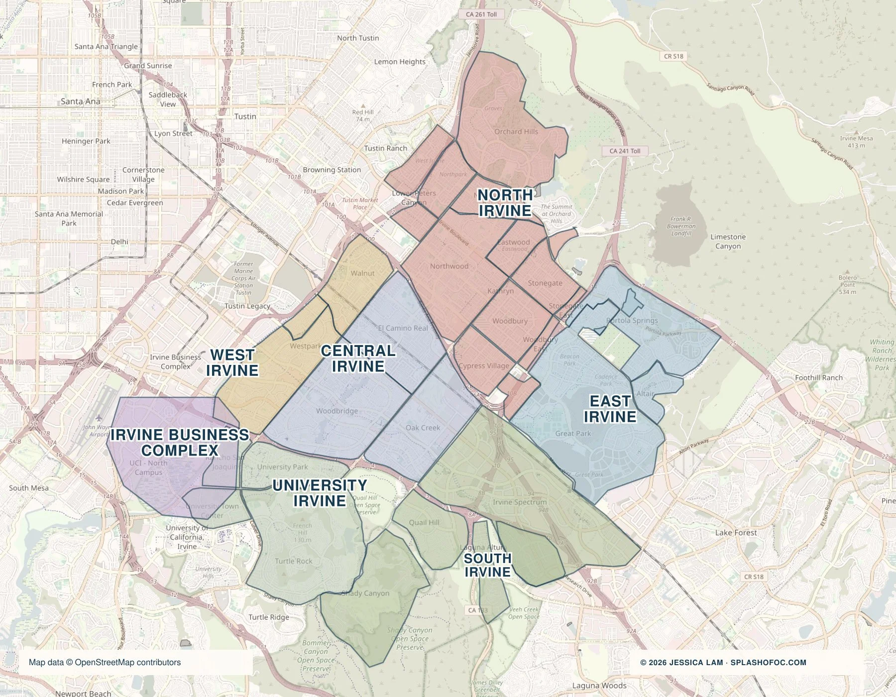 A detailed map of Irvine, California dividing the city into districts: North Irvine, West Irvine, Central Irvine, East Irvine, South Irvine, Irvine Business Complex, and University Irvine.