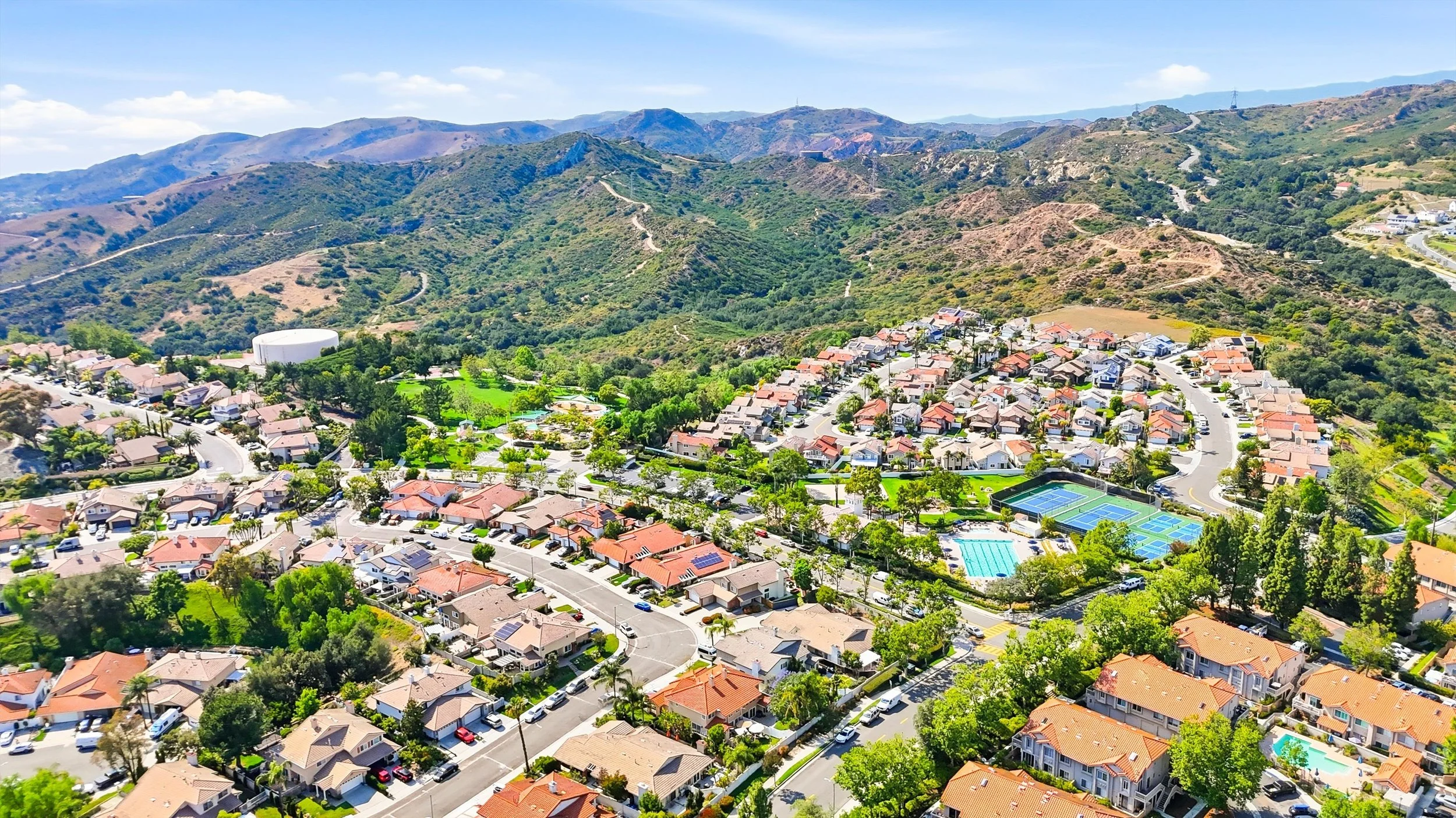 Aerial view of homes and surrounding hills in Trabuco Canyon, California