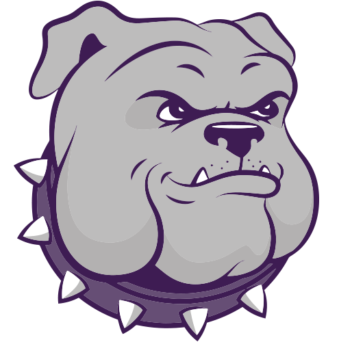Cartoon bulldog head with a spiked collar and a confident expression.