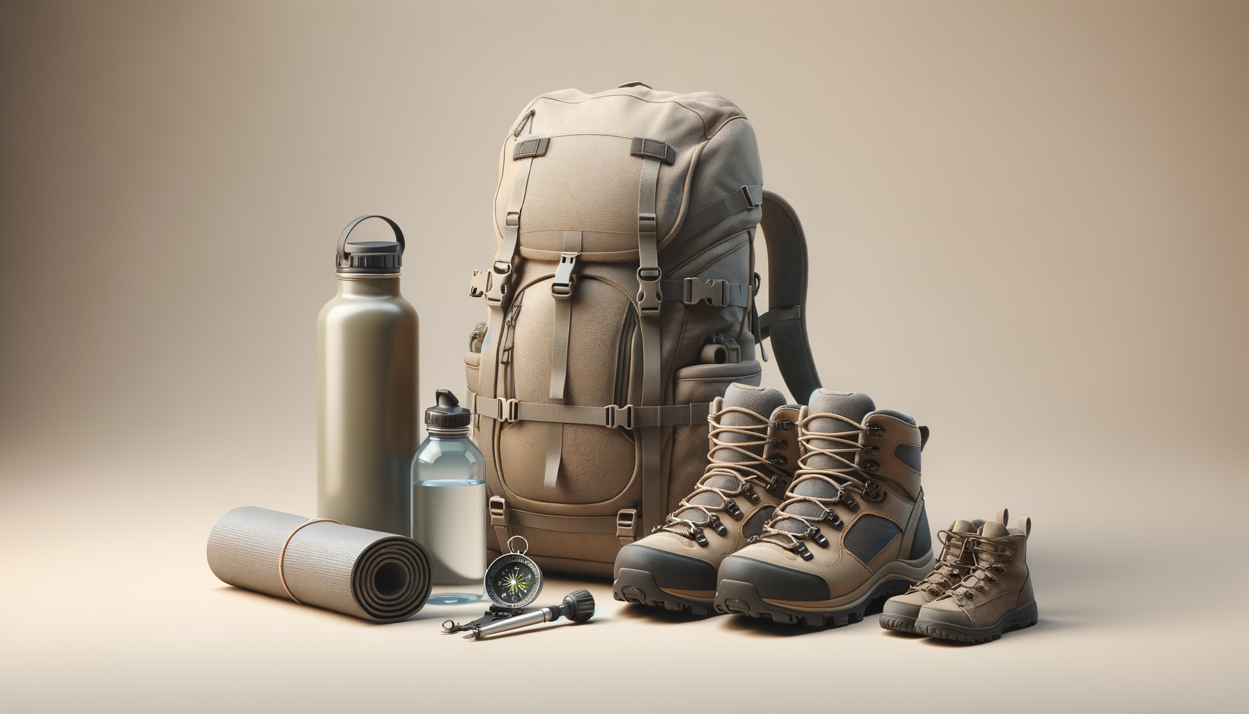 Equipo de senderismo, incluyendo mochila grande, botas de montaña, cantimplora, esterilla, linterna, brújula y accesorios, dispuesto en un fondo neutro.