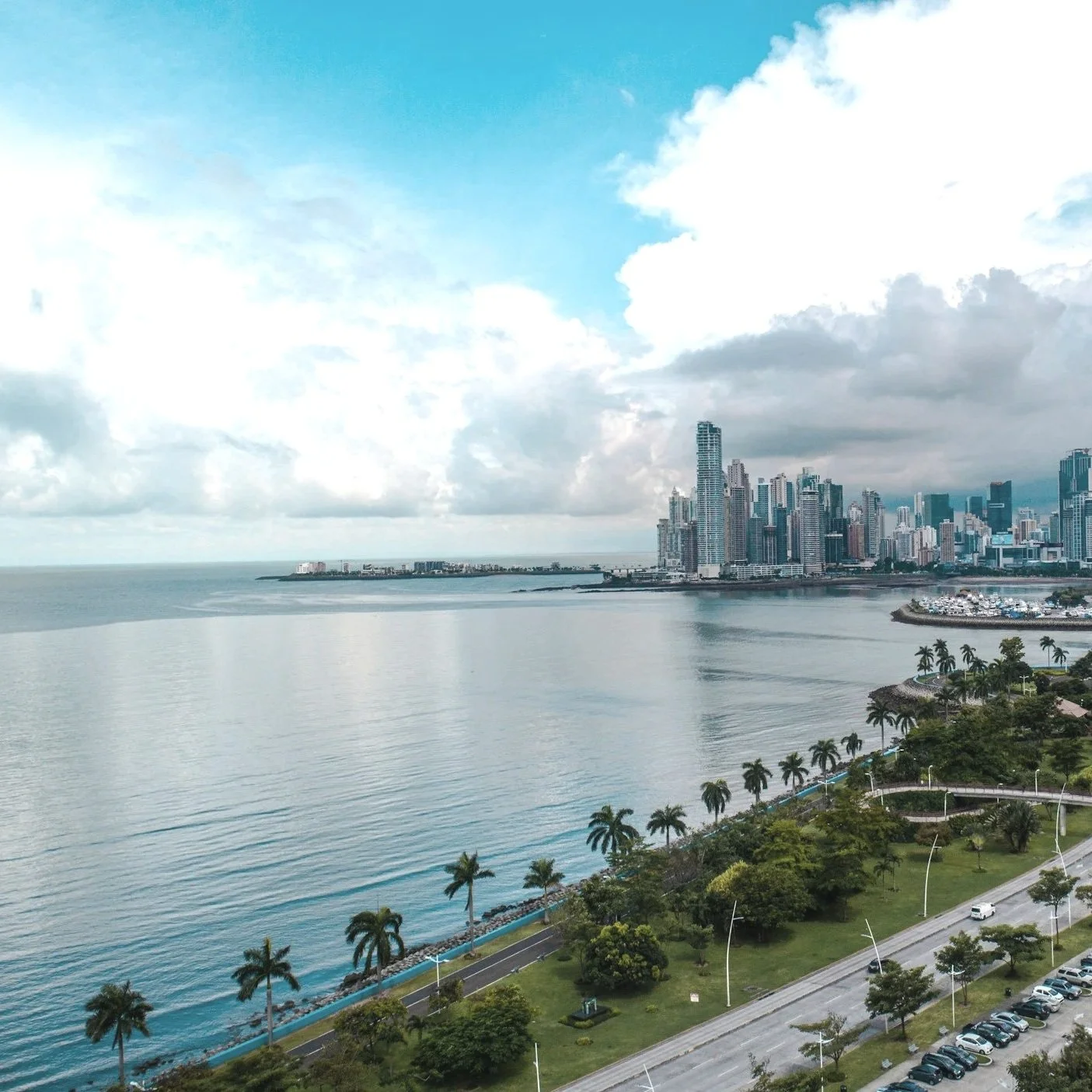 Vista de una ciudad moderna con edificios altos junto a una bahía y un paseo con palmeras, un cielo nublado