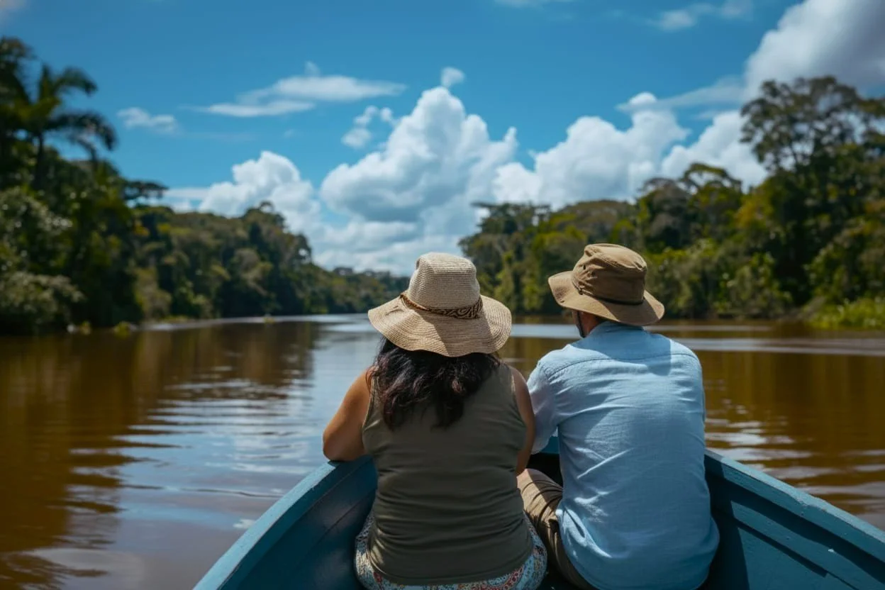 Dos personas en un bote navegando por un río rodeado de vegetación y árboles, con un cielo despejado y algunas nubes.