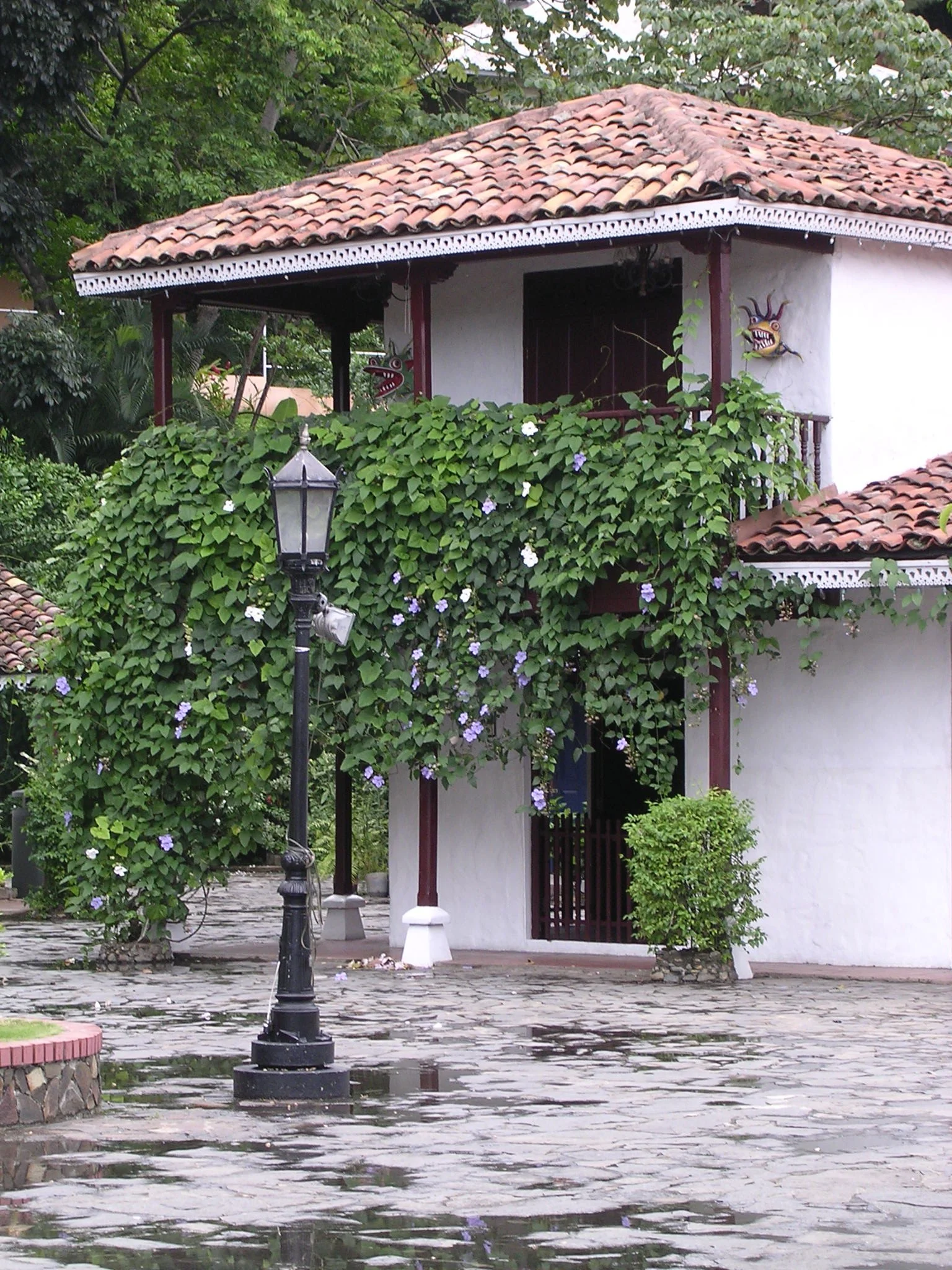 Casa blanca con techo de teja y un porche, adornada con plantas verdes y flores, con un poste de luz en el frente y un camino de piedra