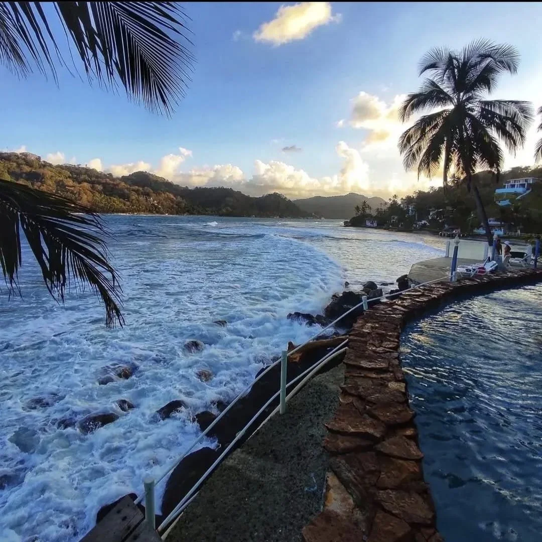 Paisaje de playa con olas y palmeras en un entorno tropical, con cielo parcialmente nublado y colinas en el fondo.