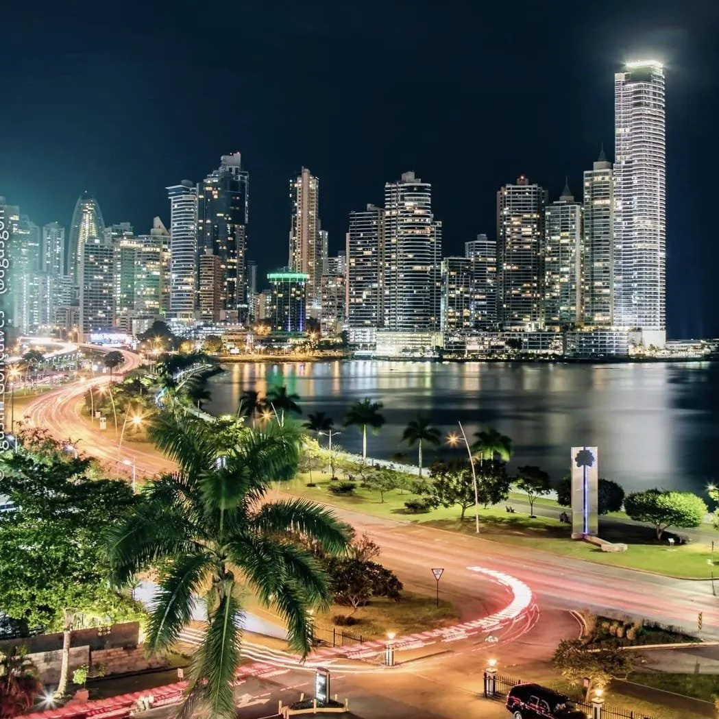 Vista nocturna de un skyline urbano con edificios iluminados, un cuerpo de agua reflejando las luces, y un parque con palmeras y caminos iluminados en primer plano.