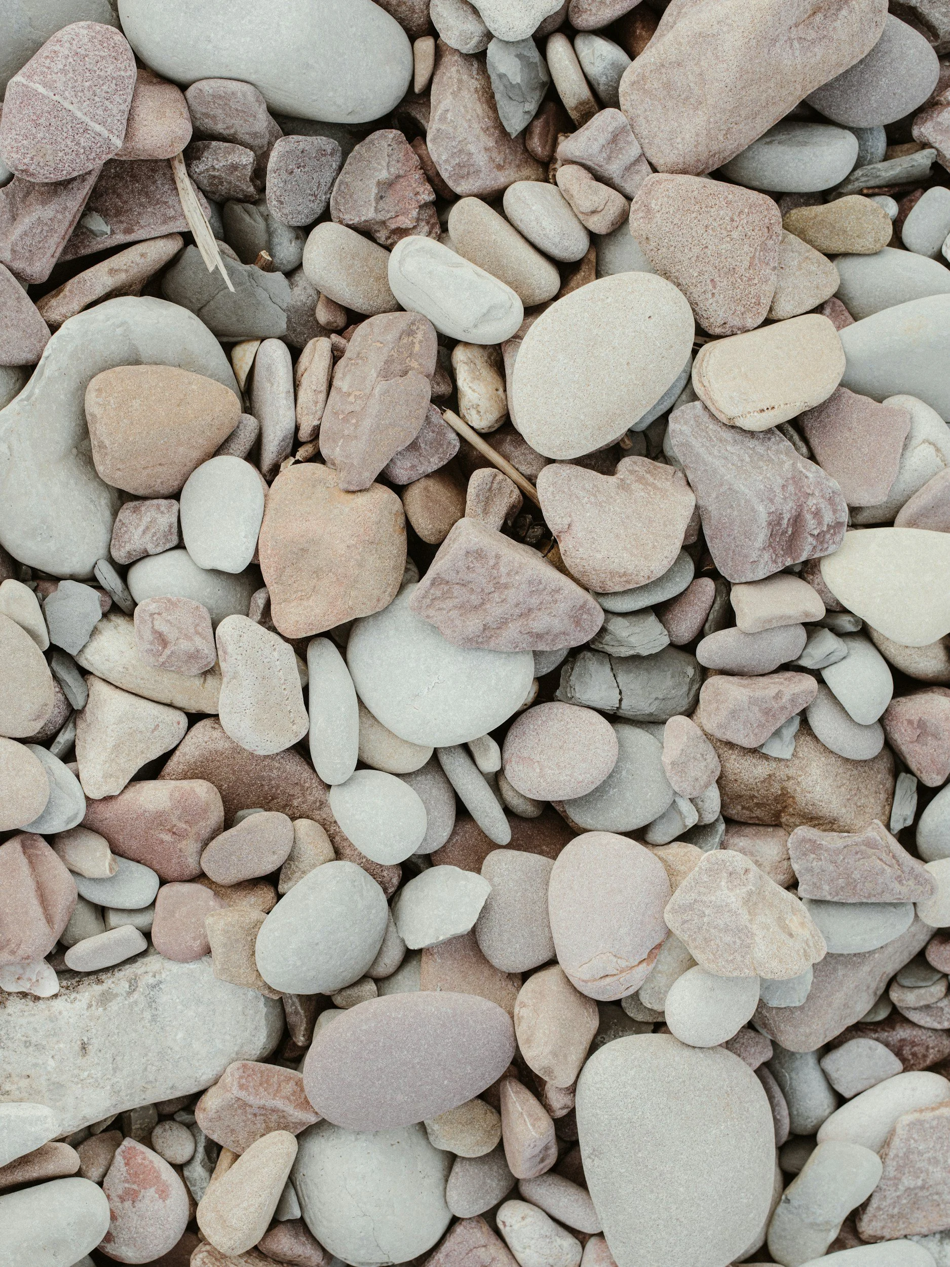 A close-up of various small, smooth, multicolored stones and pebbles on a surface.