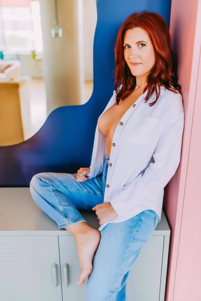 The Sex Copywriter, Athena Gayle, portrait with an open blouse looking suggestively at the camera