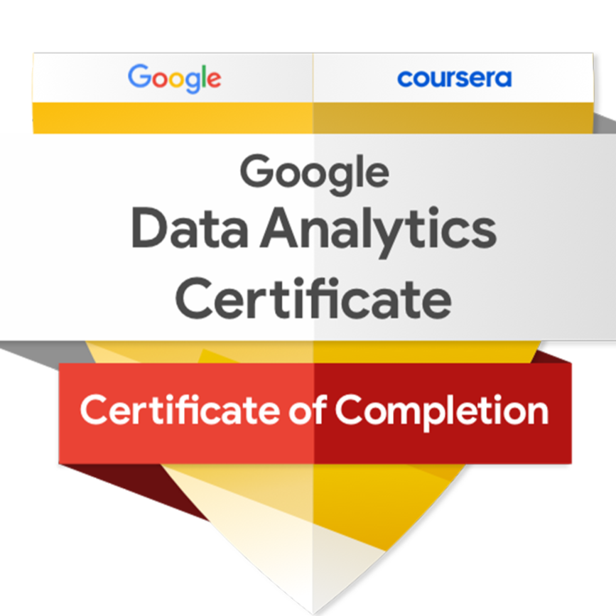 Digital certificate for Google Data Analytics certification, awarded by Coursera, indicating completion of the course.