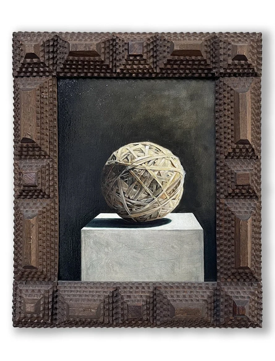 "Rubber Band Ball" - Oil on panel 10.5x8.5 inches 1991 - Collection of the artist