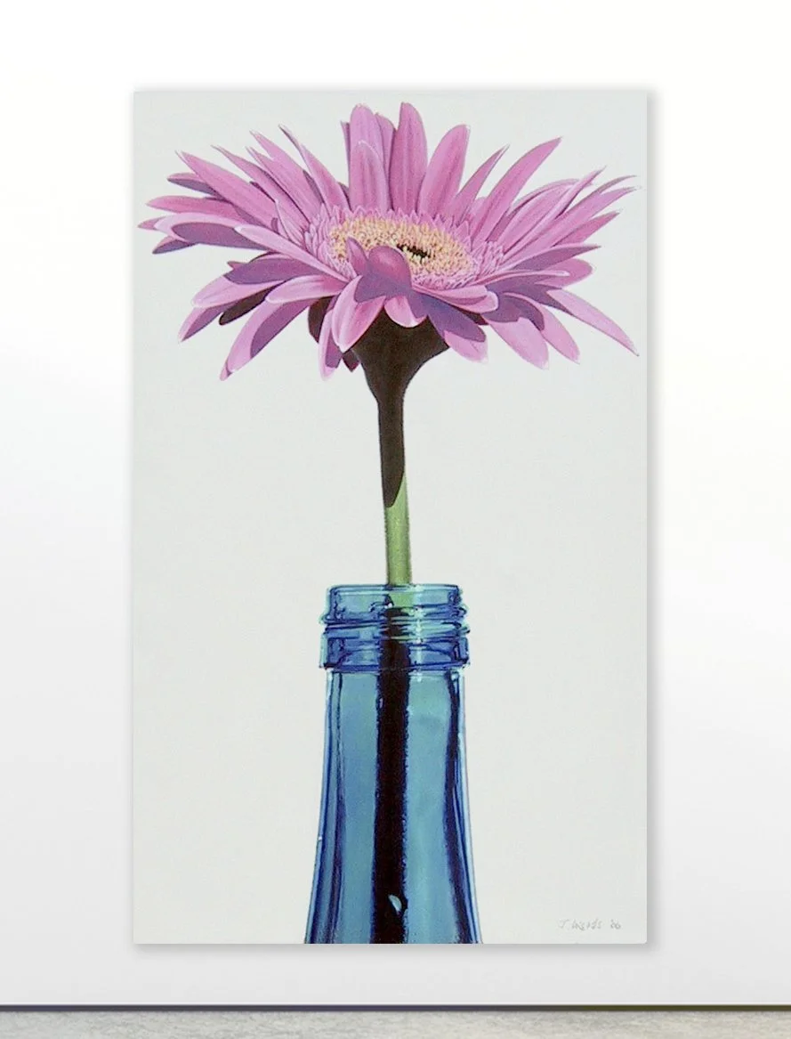 "Pink Gerber Daisy & Cobalt Bottle" - Acrylic on canvas 80x48 inches 2003 - Private collection