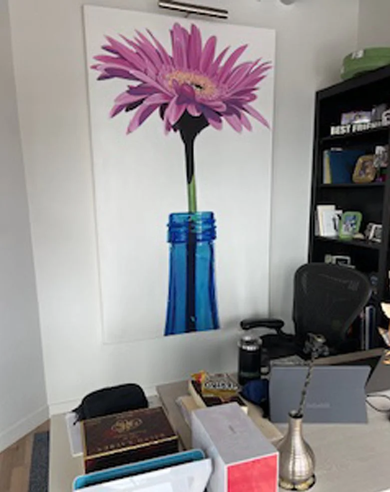 "Pink Gerber Daisy & Cobalt Bottle" - Installation detail - 2025