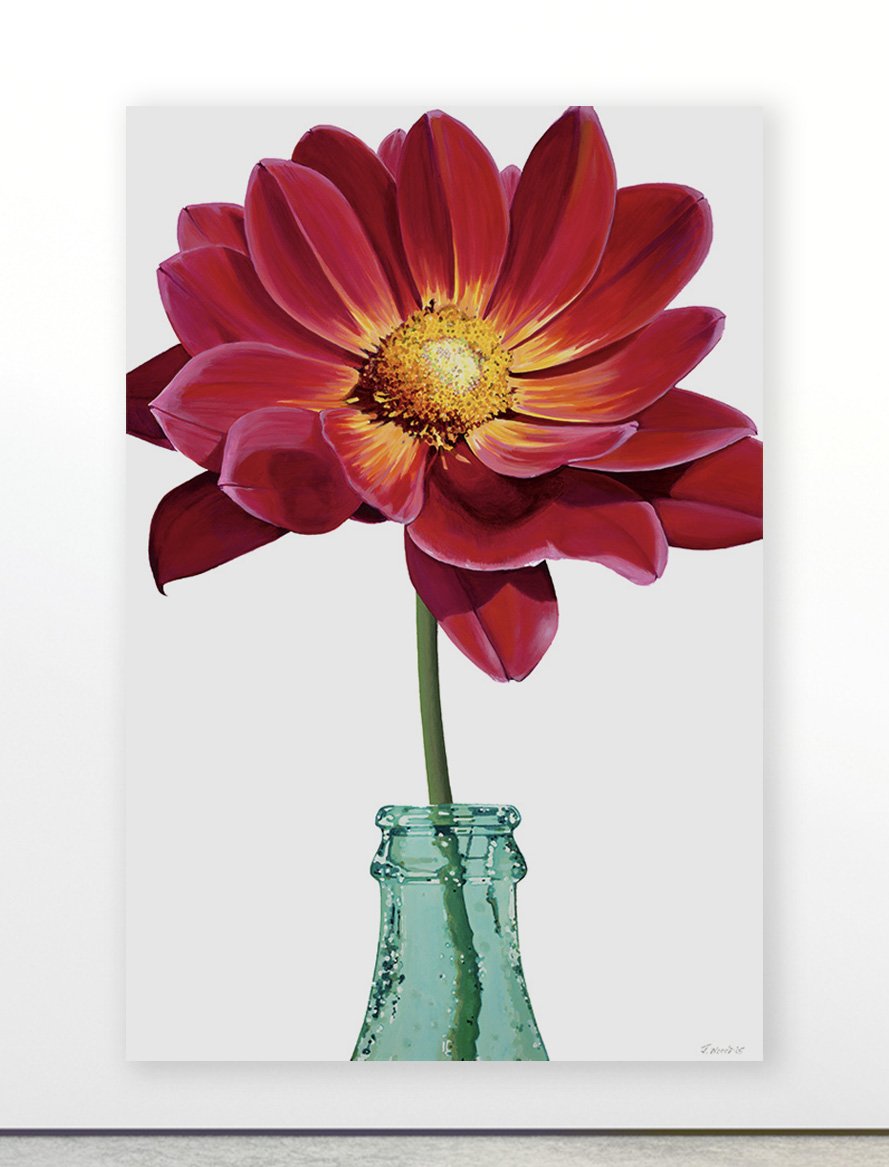 "Red Gerber Daisy & Coke Bottle" - Acrylic on canvas 82x48 inches 2002 - Collection of UMB Financial Corporation, Kansas City, MO.