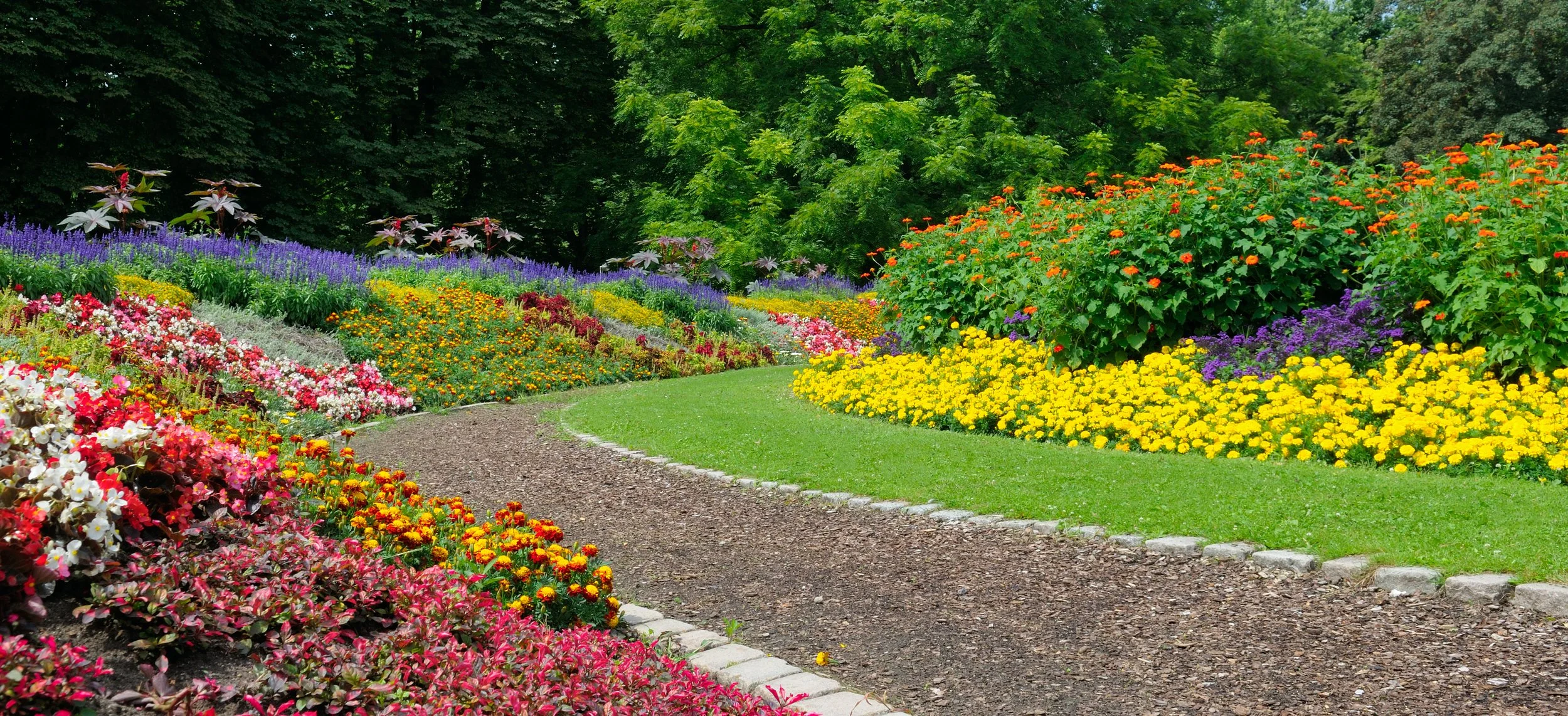 Beautiful garden filled with flowers and a well-designed walking path, representing the outdoor care, garden planning, and grounds management we provide for clients.