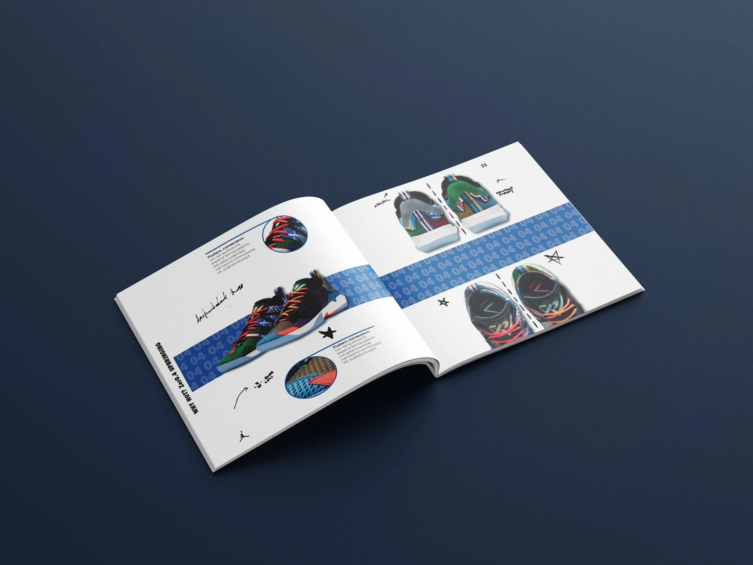 Open magazine showcasing colorful sneakers on a dark blue surface.