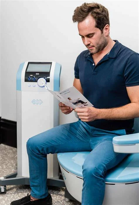 A man sitting on a medical examination chair, reading a pamphlet, with a medical device nearby.