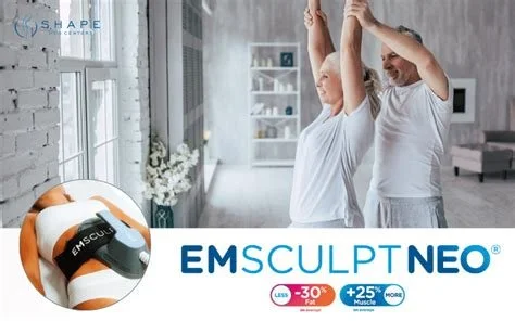 A senior woman and a younger man stretching and smiling in a bright, modern living room.