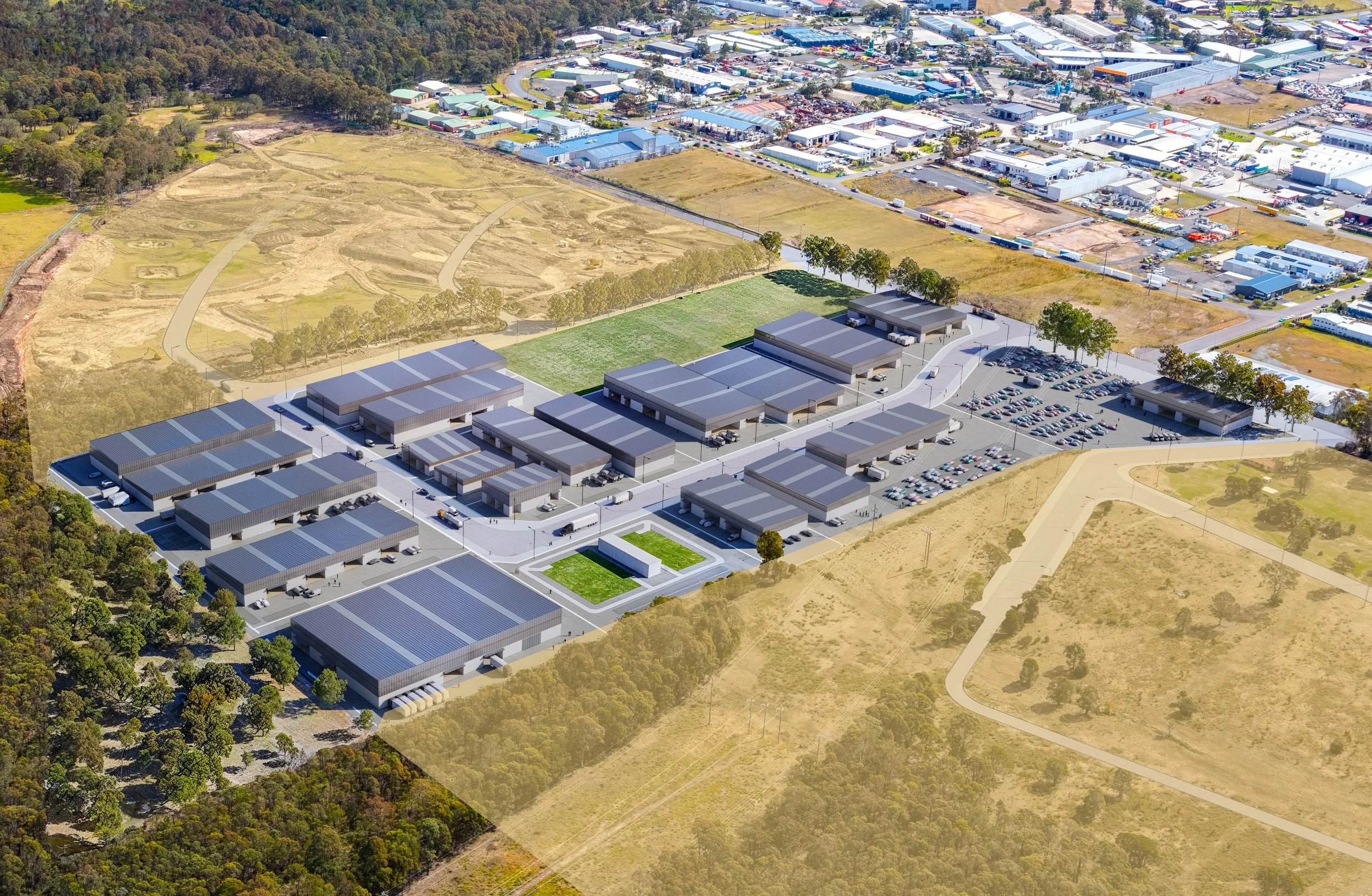 Artist's impression of large industrial complex from an aerial view, with multiple buildings along a main estate road, parking lots and surrounding greenery, with Nowra's outskirts in the background.