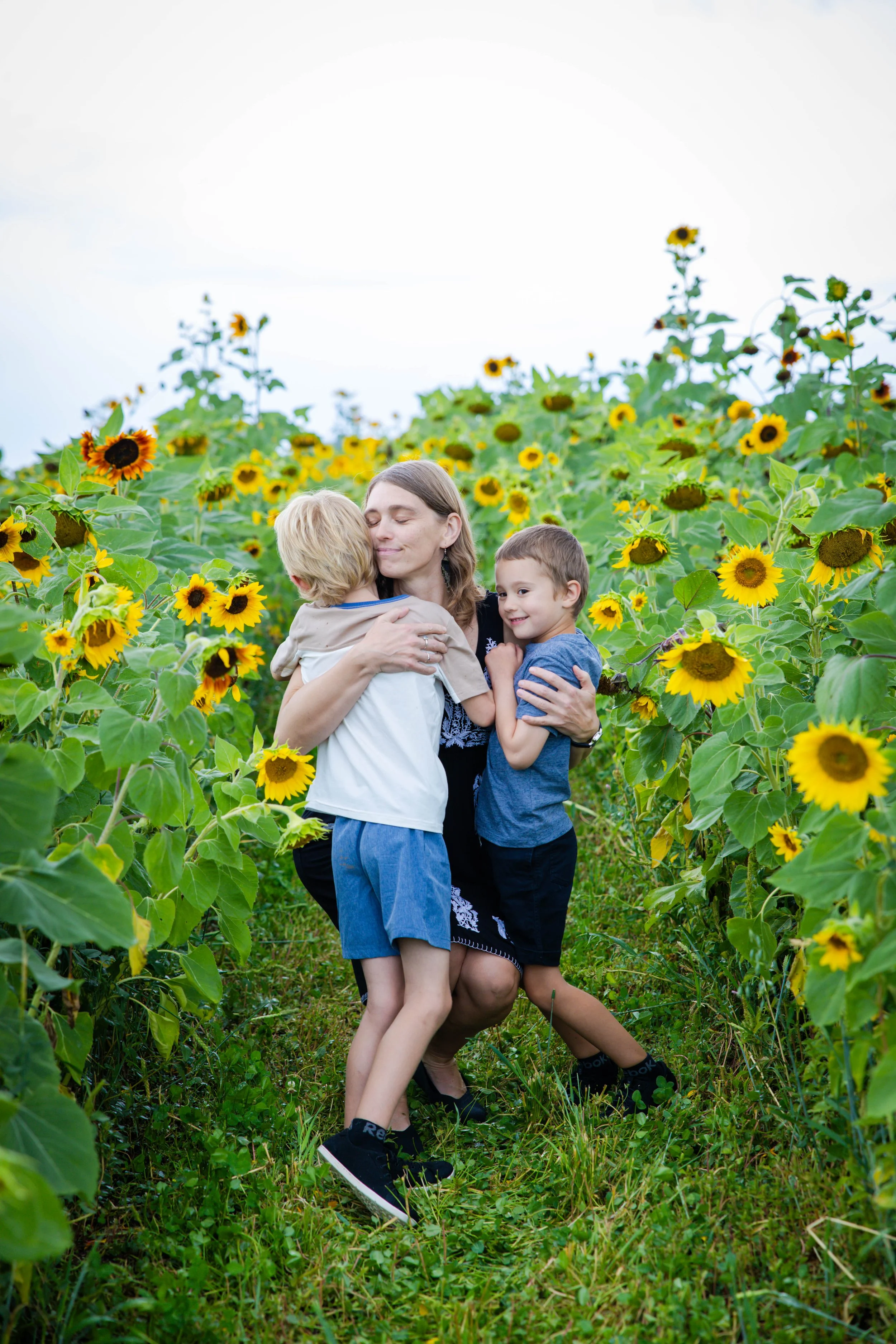 A woman hugging two young boys in a sunflower field, smiling and embracing in a scene of affection and nature.