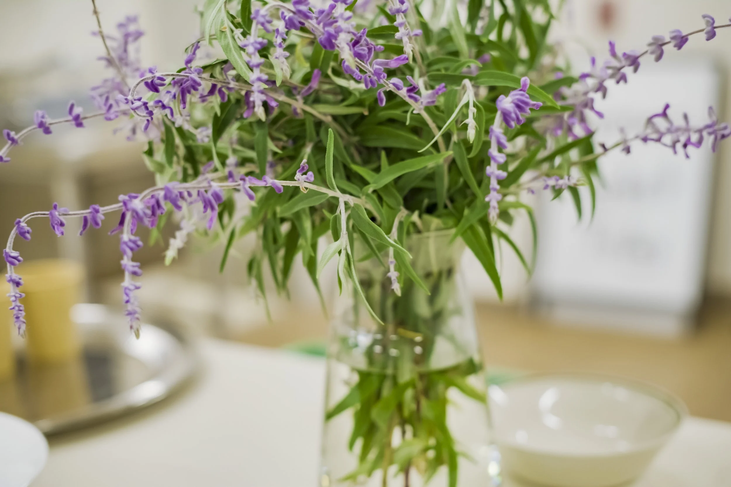 A vase of purple flowers with green leaves on a table.