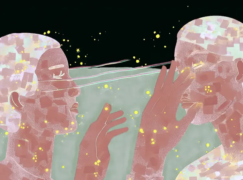 Two abstract human figures face each other, with glowing dots connecting their eyes and hands in a dark background. Candyce Linington person centred psychotherapy