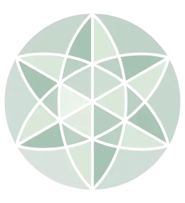 A faceted, vector equilibrium, or light green opal gemstone viewed from the top.