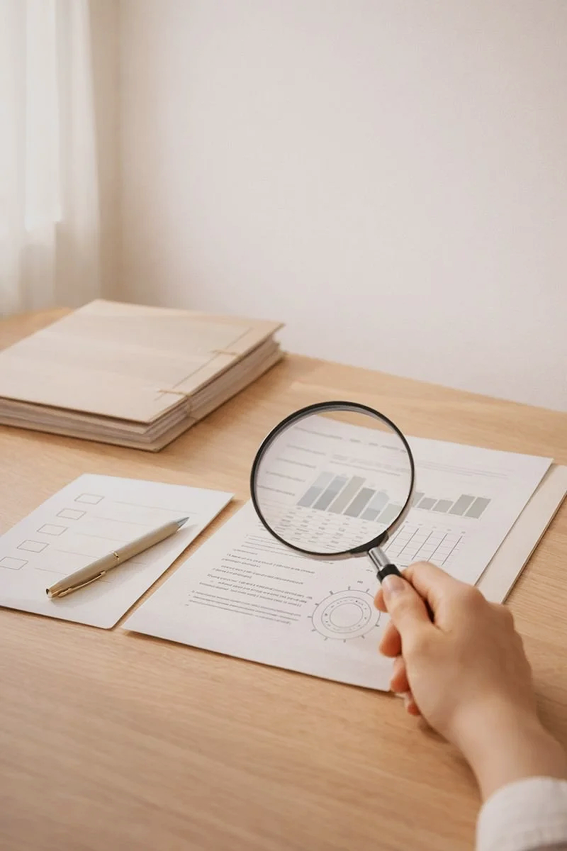 Desk with stacked folders, a sheet of paper with charts and graphs, a smaller sheet with checkboxes, a pen, and a hand holding a magnifying glass analyzing the documents.