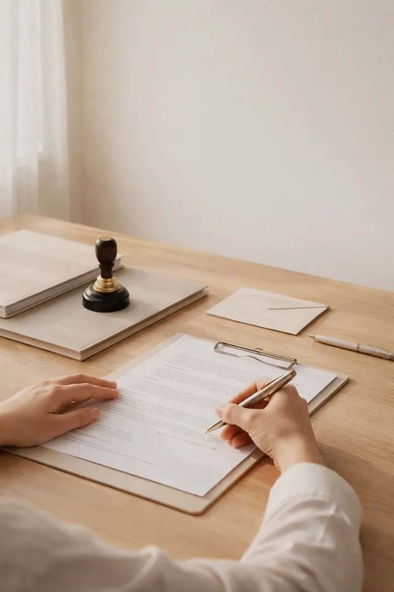 Person reviewing documents at a wooden desk with a stamp, pens, and envelopes in a well-lit room.