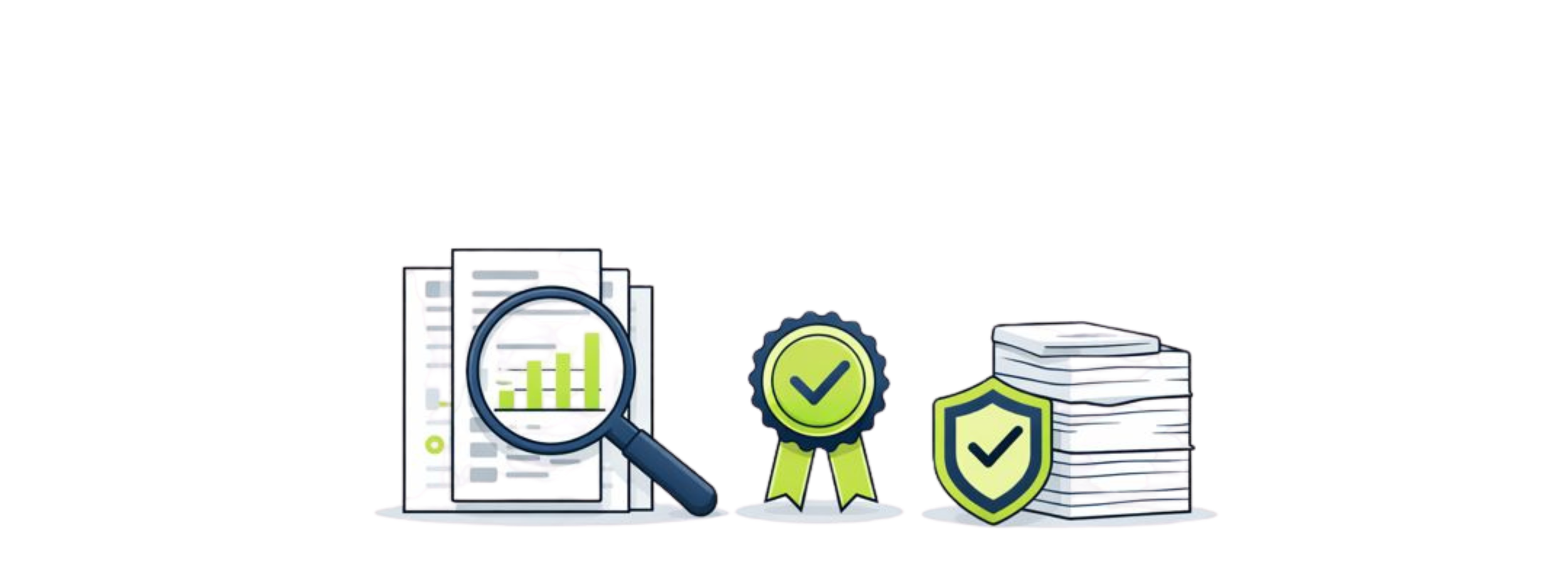 Illustration of documents with a magnifying glass, two badge icons with check marks, and a stack of paper on a desk.