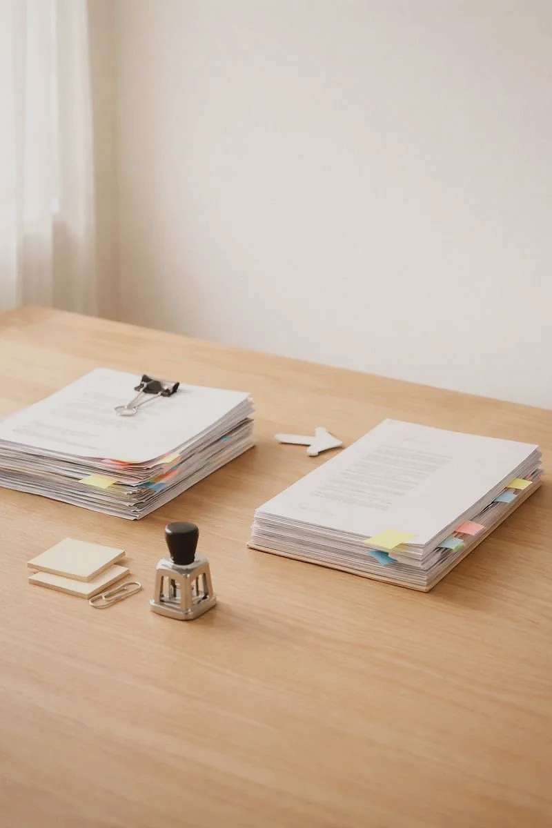 Desk with two stacks of papers, a small stamp, sticky notes, and a paper clip.