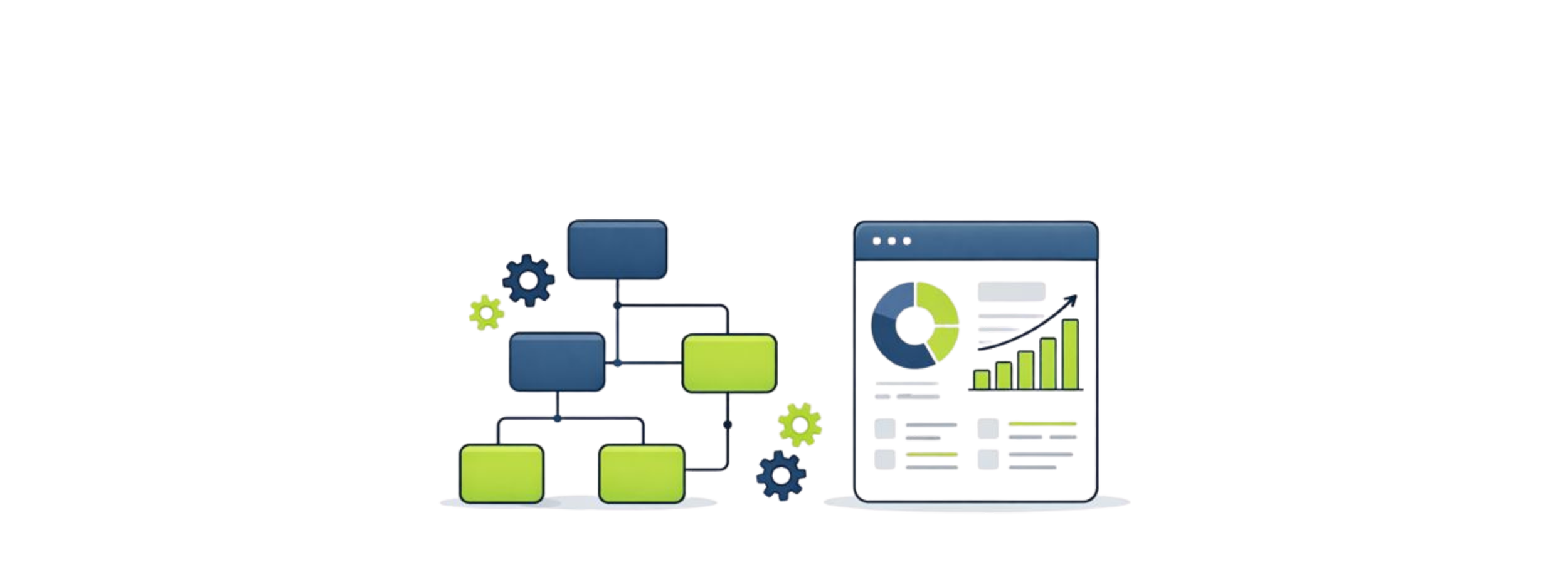 Abstract digital illustration of data analysis featuring a smartphone displaying a bar graph and pie chart, interconnected with geometric shapes and gears representing data processing and system integration.