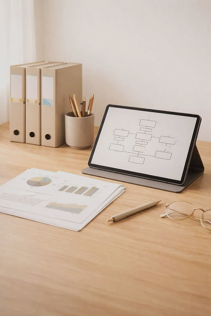 An organized office desk with a white tablet displaying a flowchart, documents with graphs, a pen, glasses, a pen holder with pens, and beige file binders on the left side.