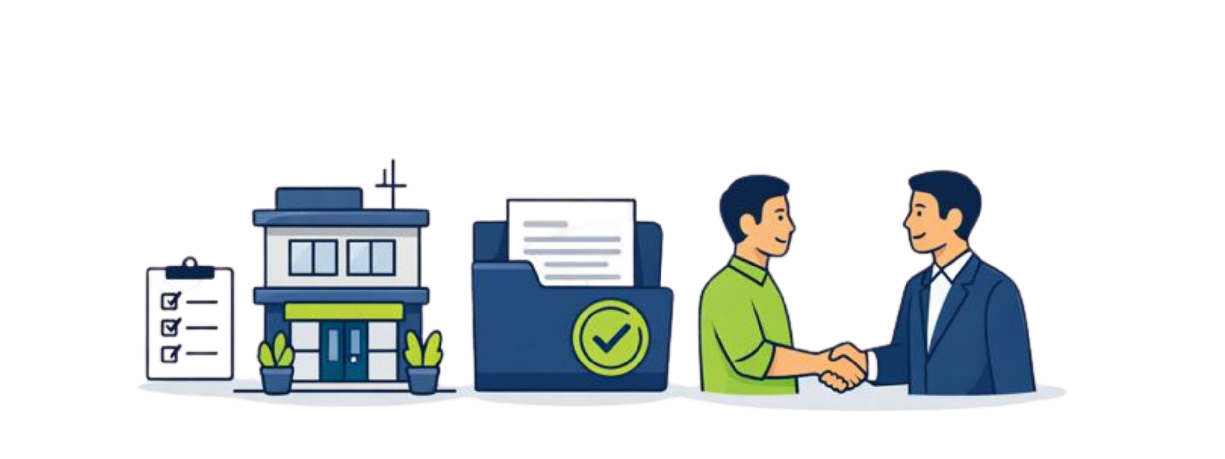 Two men shaking hands in a business agreement, with a house, a clipboard, and a box with a checkmark behind them.