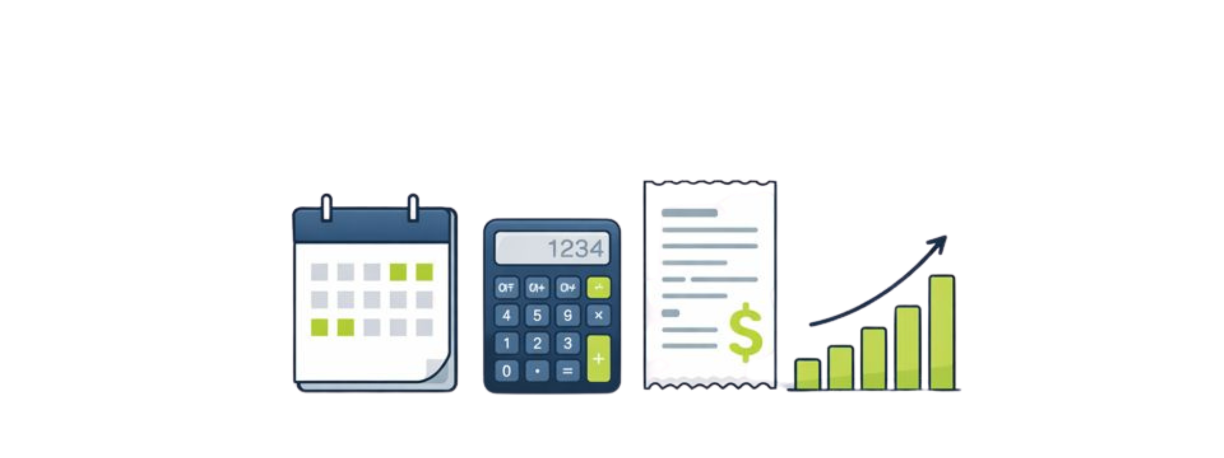 Digital illustration of a calendar, calculator, receipt, and rising graph, representing business and finance concepts.