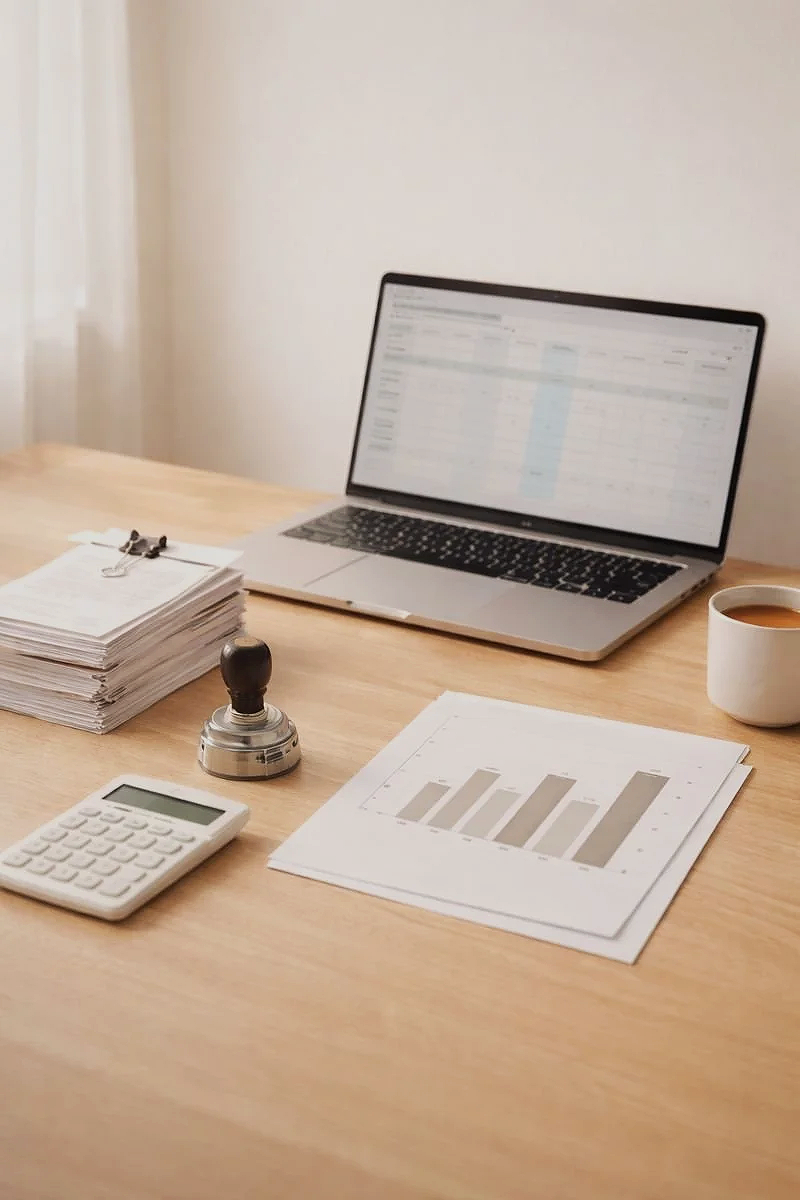 Office desk with a laptop showing spreadsheets, a stack of papers with a clipboard clip, a paper with a bar chart, a calculator, a seal stamp, a cup of coffee, and a white wall in the background.