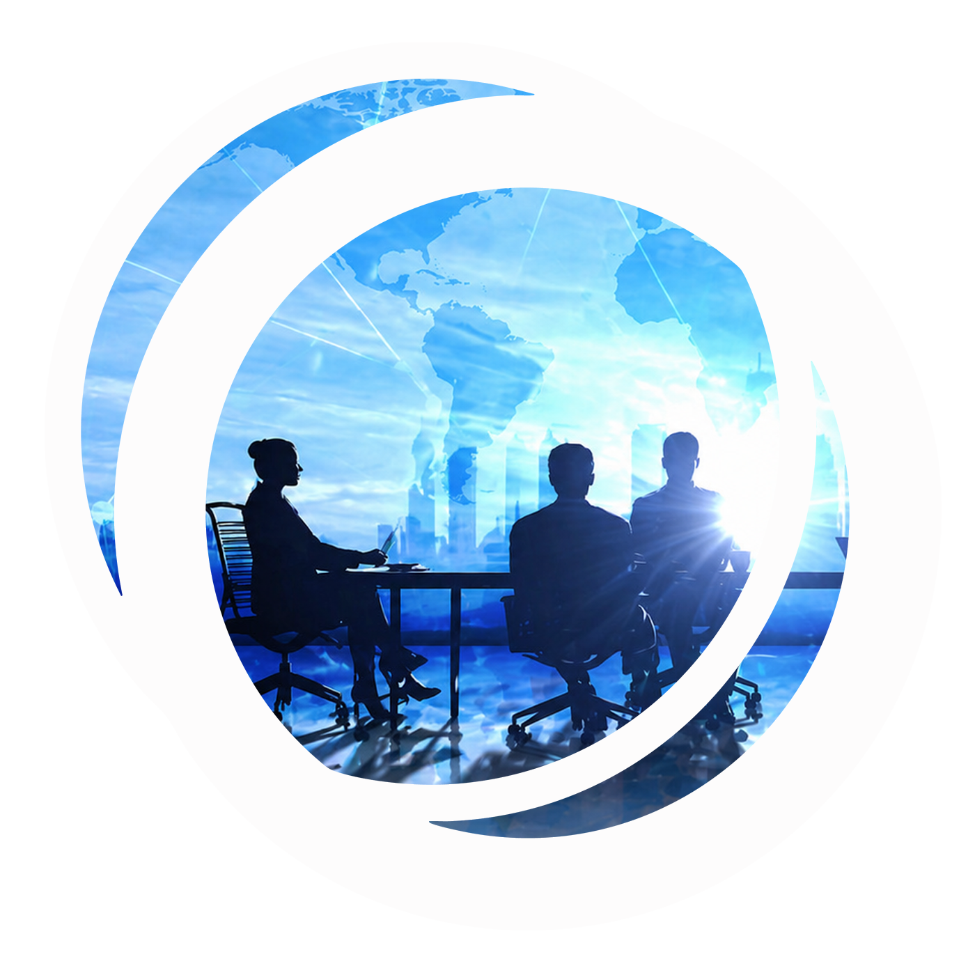 Silhouettes of three business professionals sitting at a conference table with a world map and city skyline in the background, viewed through circular graphics.